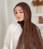 Thai Ruffled Hijab with Lace Detail ( Chocolate Brown ) - Image 3