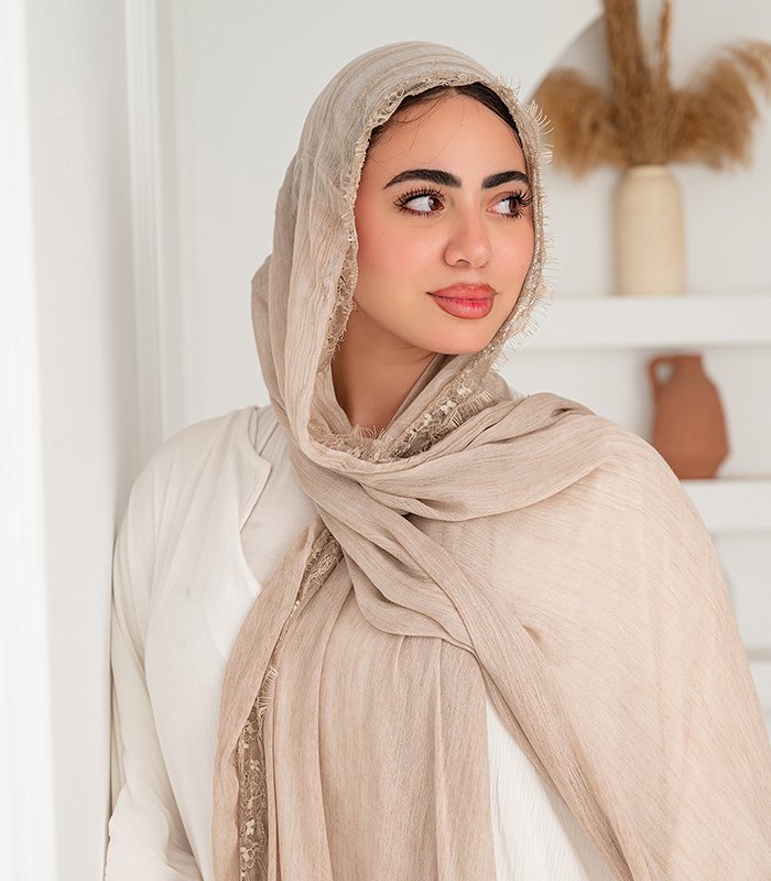 _DSC6822 Thai Ruffled Hijab with Lace Detail ( Sandy Beige ) - Image 1