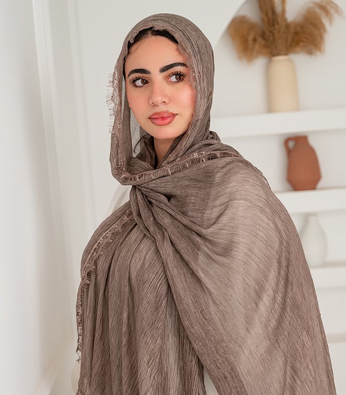 _DSC6834 Thai Ruffled Hijab with Lace Detail ( Medium Coffee ) - Image 1