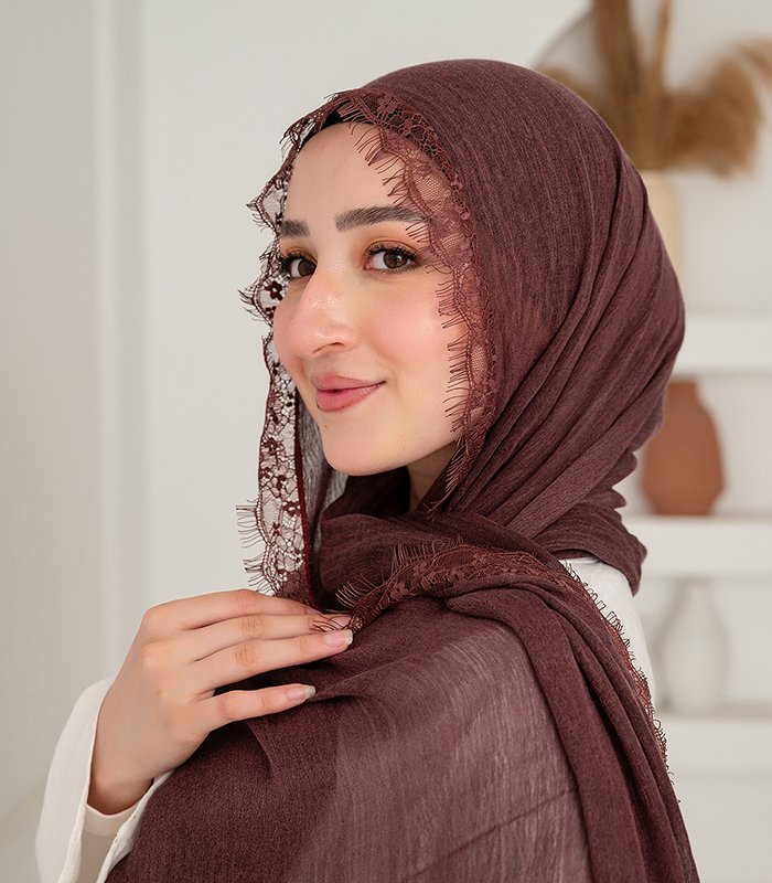 _DSC6867 Thai Ruffled Hijab with Lace Detail ( Dark Plum ) - Image 1