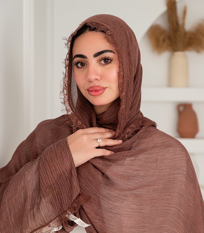 _DSC6872 Thai Ruffled Hijab with Lace Detail ( Warm Brown ) - Image 1