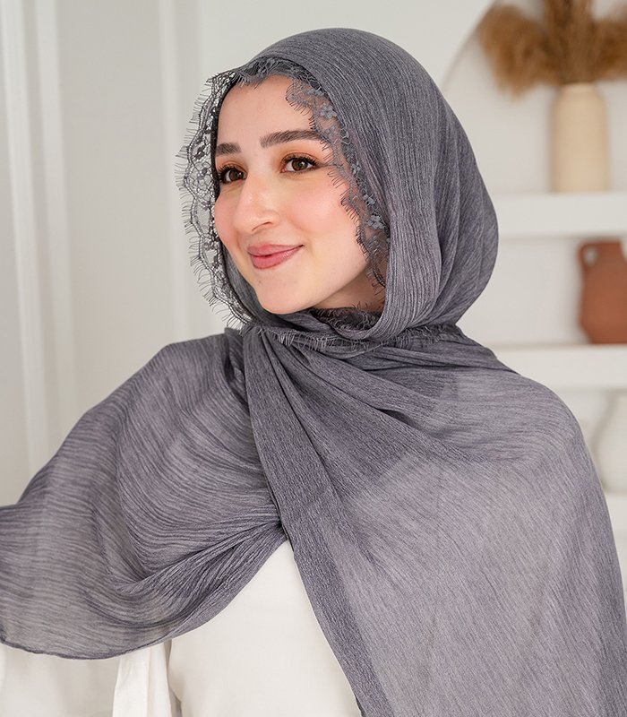 _DSC6893 Thai Ruffled Hijab with Lace Detail ( Steel Grey ) - Image 1