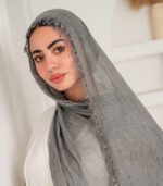 Thai Ruffled Hijab with Lace Detail ( Grey )
